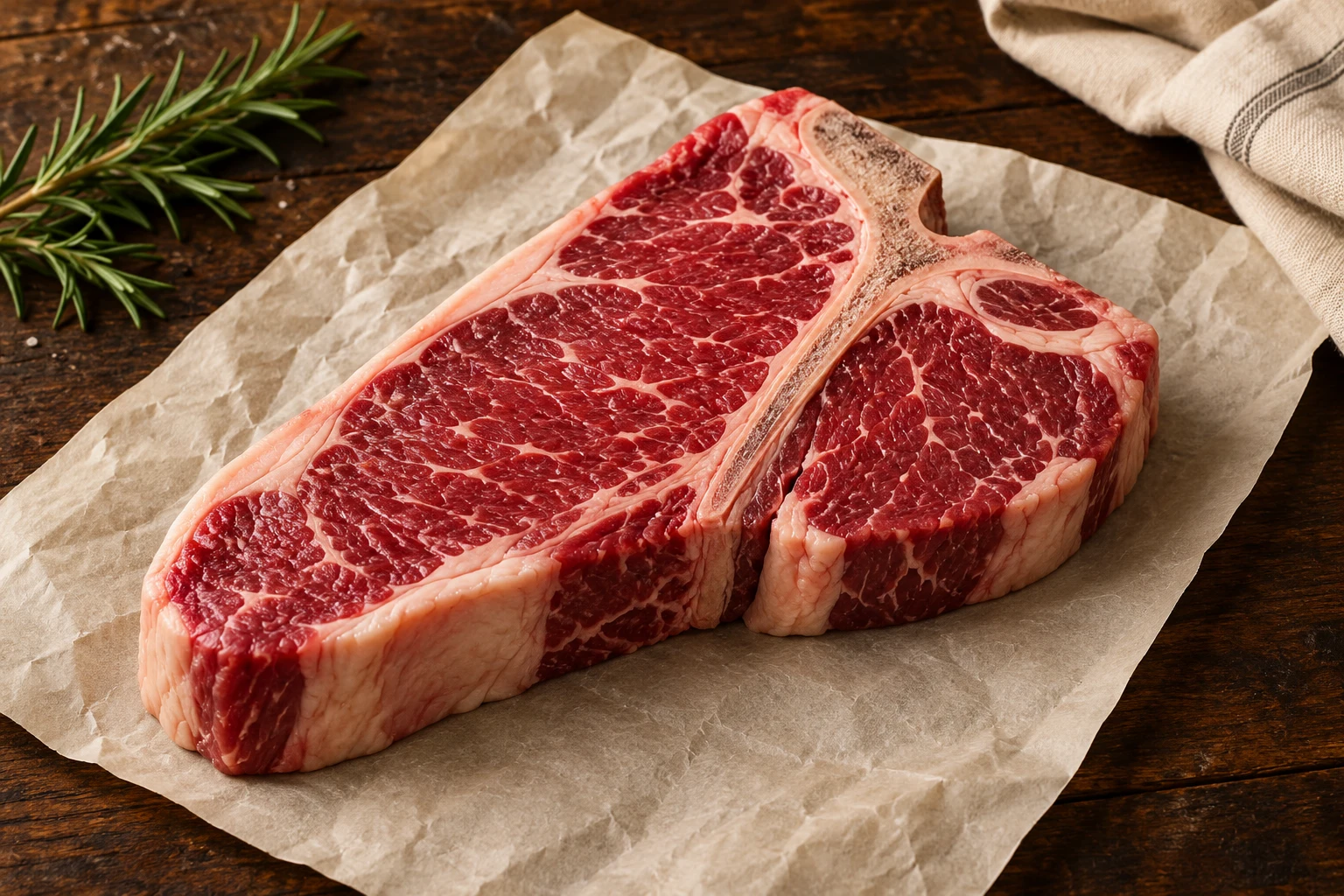 Una bistecca cruda con osso a T su carta da macellaio, immagine illustrativa